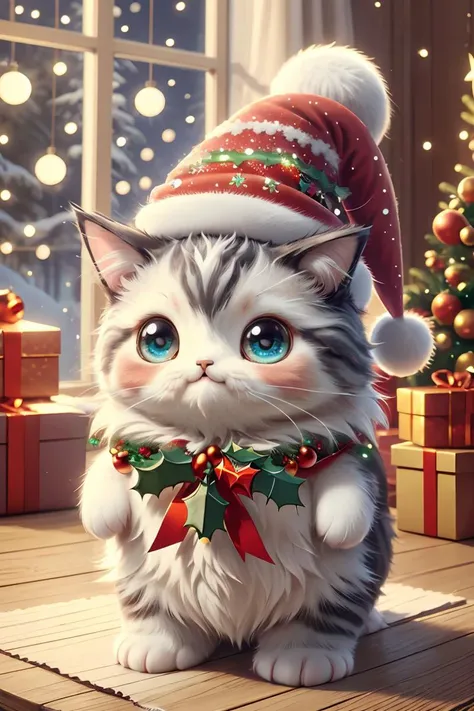 masterpiece, best quality, original, official art,ral-chrcrts, a cute cat with a christmas hat and a christmas decoration, <lora:GoodHands-beta2:1> <lora:ral-chrcrts-sd15:0.8>