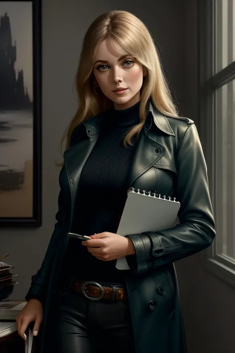 photo of (Sh4r0nT4t301-200:0.99), a woman as a sexy detective in an (30s noir film:1.2), modelshoot style, (extremely detailed CG unity 8k wallpaper), photo of the most beautiful artwork in the world, professional majestic oil painting by Ed Blinkey, Atey Ghailan, Studio Ghibli, by Jeremy Mann, Greg Manchess, Antonio Moro, trending on ArtStation, trending on CGSociety, Intricate, High Detail, Sharp focus, dramatic, photorealistic painting art by midjourney and greg rutkowski, (long trenchcoat:1.2), ((holding a notebook:1.2)), (long trousers), ((vivid atmosphere)), (looking at viewer:1.2), (detailed pupils:1.3), ((closeup portrait:1.1)),