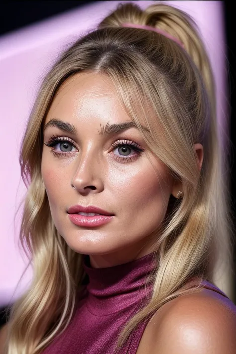 best quality (raw:1.1) photo of ( Sh40nT4t301-200 :0.99), Curly blonde high ponytail hairstyle, ((television makeup:1.2)), ( Dark Pink high neck halter dress:1.2), ((at a tv game show:1.2)), (closeup:1.2:1.2), RAW candid cinema, 16mm, color graded portra 400 film, remarkable color, ultra realistic, textured skin, remarkable detailed pupils, realistic dull skin noise, visible skin detail, skin fuzz, dry skin, shot with cinematic camera, detailed skin texture, (blush:0.2), (goosebumps:0.3), subsurface scattering, (detailed pupils:1.3), ( Rose Quartz lipstick:1.2)
