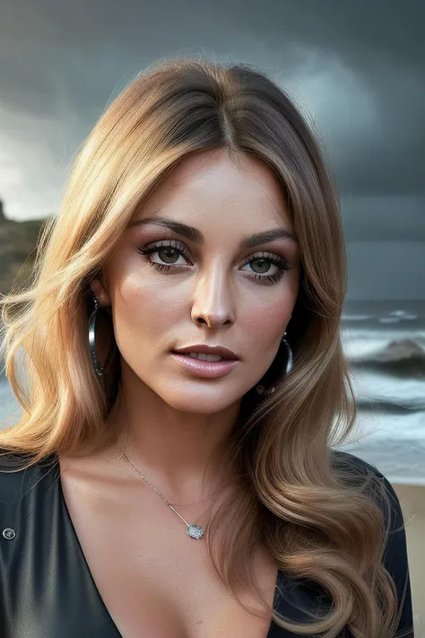 photo of extremely sexy ( Sh40nT4t301-200 :0.99), a woman as a sexy Mechanician, closeup portrait, Sleek and straight, (Slight redness around the nose ), (( Tunic dress)), (( A dramatic, stormy seascape with crashing waves and dark, dramatic skies )), (masterpiece:1.5) (photorealistic:1.1) (bokeh) (best quality) (detailed skin texture pores hairs:1.1) (intricate) (8k) (HDR) (wallpaper) (cinematic lighting) (sharp focus), eyeliner, painted lips, (earrings)