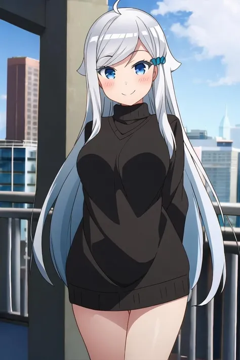 <lora:nayuta_kani-10:0.8>, nayuta_kani, 1girl, solo, long hair, blue eyes, hair ornament, long sleeves, dress, jewelry, ahoge, grey hair, socks, sweater, scrunchie, hair flaps, hair scrunchie, blue scrunchie, looking at viewer, outdoors, smile, arms behind back, cowboy shot, city, cityscape,