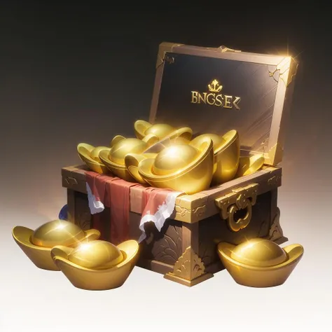 (masterpiece, top quality, best quality, official art, beautiful and aesthetic:1.2),(8k, best quality, masterpiece:1.2),((( dark background, gradient background,)))
game icon institute,ingots,
a red box with gold decorations and a red ribbon around it, a red box with gold decorations,reflection,