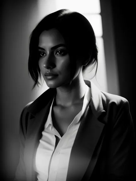professional photograph, Colorless, moody lighting, Dreamy portrait, wearing Waxed cotton Blazer, Sunlight