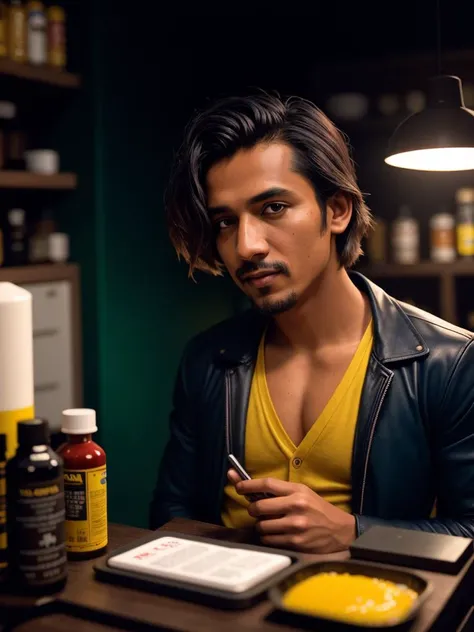 photograph, moody lighting, Iphone X, compact camera, Primary Colors, Kodak portra 400, Slimy tiny Male Spice merchant, deep blue Seductive hair, Canon R5, F/14, <Stoked-Reality-LORA-v1-0:1.2>
