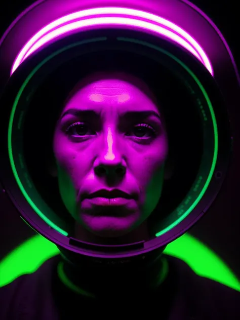 spotlit, Neon Light, 35mm, Frightening, L USM, psychedelic colors, Depth of field 100mm, Low shutter, Deeply Thoughtful Irish portrait, Fish-eye Lens, Black lighting, F/5, <Stoked-Reality-LORA-v1-0:1.2>