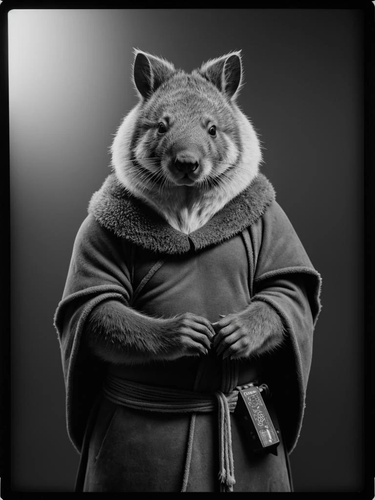 photograph, Polaroid, Gel lighting, Canon R5, Grayscale, Disciplined Hopeless Wombat of Power, wearing Barbarian robe, <Stoked-Reality-LORA-v1-0:1.2>