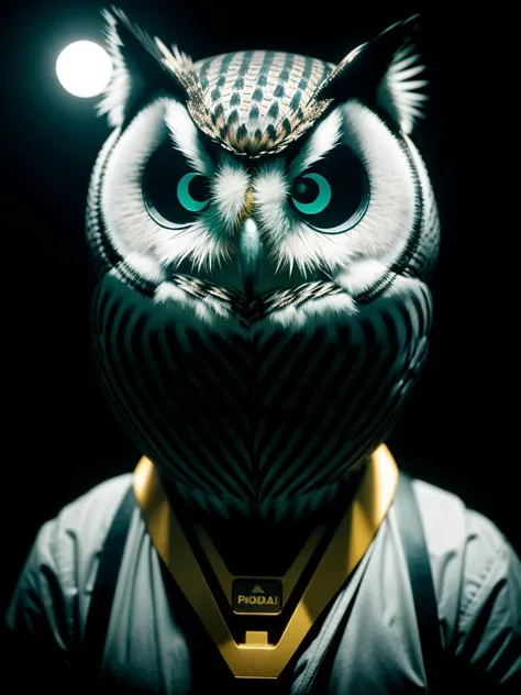 awardwinning photograph, Fearful, Kodak gold 200, 80mm, short lighting, Canon EF, Moonlight, Robotic Owl, flat lighting, Low shutter, Low Contrast, Smirking, <Stoked-Reality-LORA-v1-0:1.2>