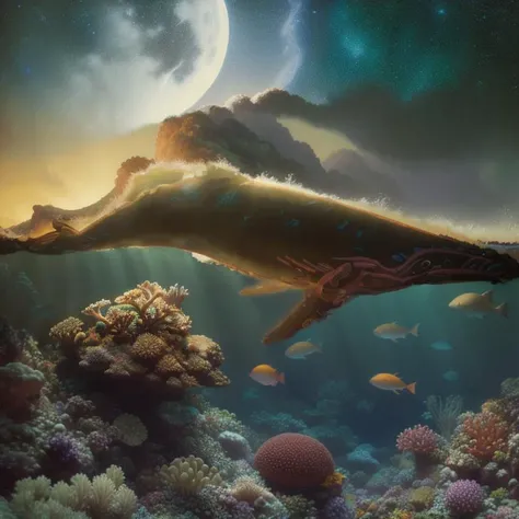 Panoramic background view of <lora:Maxfield Parrish Style:0.8>Maxfield Parrish Style sea underwater, shadows of corals, on cold press 300gsm arches cotton, highly detailed | cinematic style by by Brian Skerry | octane render, 8k