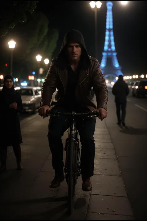 analog film photo cinematic film still photograph, behance, Angry Male Altmer, Cycling, Veil, near The Eiffel Tower, Stars in the sky, Fearful, film grain, Samsung Galaxy, F/1.8, "Footprints on untrodden paths, explorers of the unknown, seeking hidden treasures of the soul." . shallow depth of field, vignette, highly detailed, high budget Hollywood movie, bokeh, cinemascope, moody, epic, gorgeous, film grain, grainy . faded film, desaturated, 35mm photo, grainy, vignette, vintage, Kodachrome, Lomography, stained, highly detailed, found footage