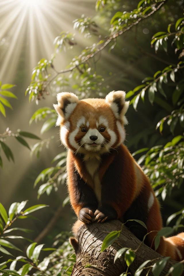 (designed by David Alfaro Siqueiros:0.8) , photograph, wide angle of a Happy Divine (Red Panda:1.2) , near foliage, Tanzanian blossoms, Smoky Conditions, Frightening, Sun Rays, still, Fomapan 400, 50mm, Light sparkles