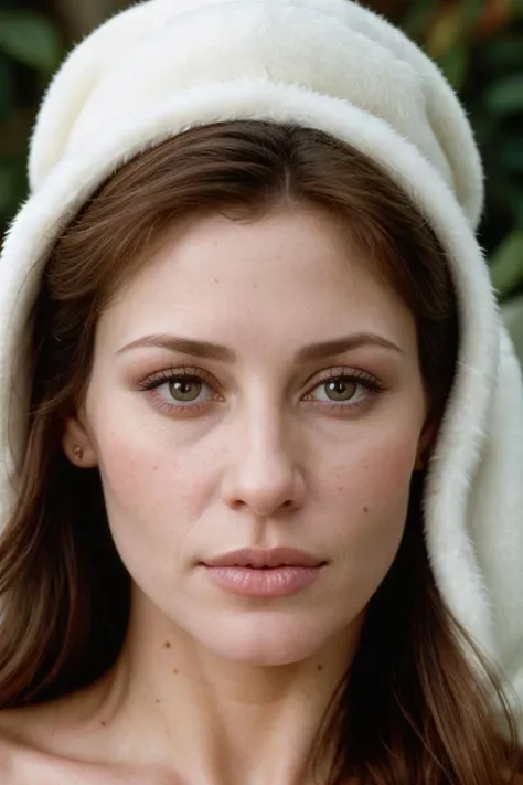 photograph portrait, close up of a Holy Marija with eyes of Shannon Elizabeth and lips of Molly Ringwald, detailed skin, ultra detailed, facing viewer | winter garden, Hopeful, Kodak Ektar 100, 80mm, two colours, detailed skin, ultra detailed