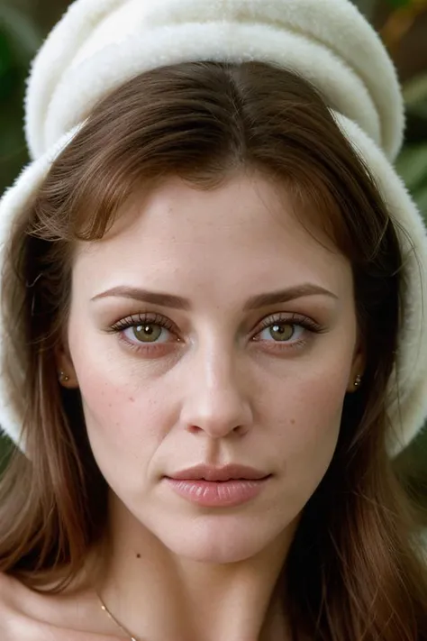 photograph portrait, close up of a Holy Marija with eyes of Shannon Elizabeth and lips of Molly Ringwald, detailed skin, ultra detailed, facing viewer | winter garden, Hopeful, Kodak Ektar 100, 80mm, two colours, detailed skin, ultra detailed