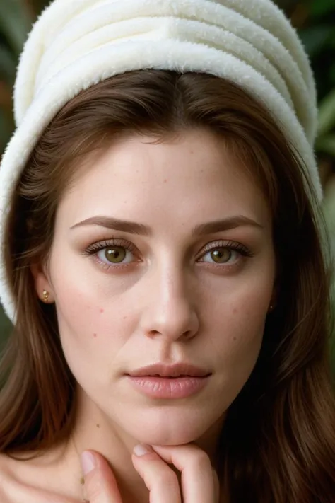 photograph portrait, close up of a Holy Marija with eyes of Shannon Elizabeth and lips of Molly Ringwald, detailed skin, ultra detailed, facing viewer | winter garden, Hopeful, Kodak Ektar 100, 80mm, two colours, detailed skin, ultra detailed