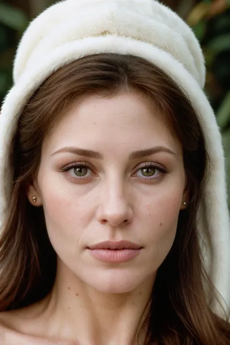 photograph portrait, close up of a Holy Marija with eyes of Shannon Elizabeth and lips of Molly Ringwald, detailed skin, ultra detailed, facing viewer | winter garden, Hopeful, Kodak Ektar 100, 80mm, two colours, detailed skin, ultra detailed