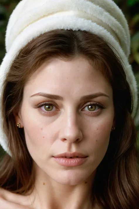 photograph portrait, close up of a Holy Marija with eyes of Shannon Elizabeth and lips of Molly Ringwald, detailed skin, ultra detailed, facing viewer | winter garden, Hopeful, Kodak Ektar 100, 80mm, two colours, detailed skin, ultra detailed