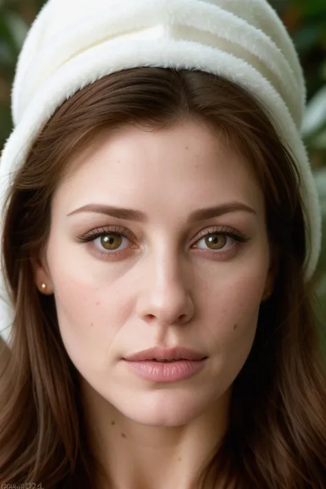 photograph portrait, close up of a Holy Marija with eyes of Shannon Elizabeth and lips of Molly Ringwald, detailed skin, ultra detailed, facing viewer | winter garden, Hopeful, Kodak Ektar 100, 80mm, two colours, detailed skin, ultra detailed