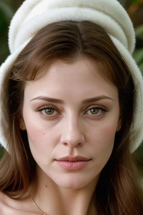 photograph portrait, close up of a Holy Marija with eyes of Shannon Elizabeth and lips of Molly Ringwald, detailed skin, ultra detailed, facing viewer | winter garden, Hopeful, Kodak Ektar 100, 80mm, two colours, detailed skin, ultra detailed