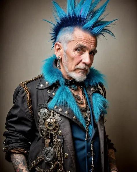 a detailed photograph of old man with a extravagant blue Mohawk and steampunk clothing by worlds best photographer, punk rock, extremely realistic, muted colours, soft lighting, 8k, hi-res,