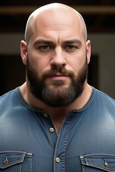 Photorealistic, Hyperrealistic, photo of muscular bearded bald guy (man) in a worn red thsirt, blue jean, massive hairy , nice muscled ass, muscle butts, beefy, stocky, chubby, exuding sexual energy, homoerotic, sharp focus, (masterpiece), (detailed face), walking, from the back side and left side, large hoop earring in ear,