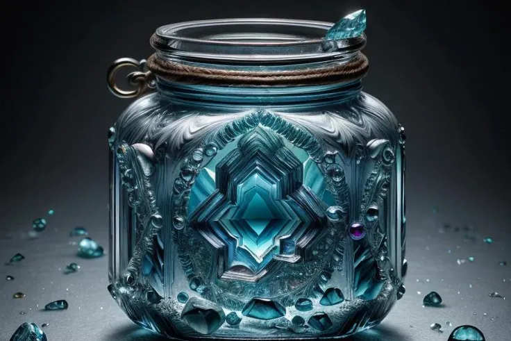 art by Camille Walal a profesional photo of gem stone, focus on details and material Aquamarine, A crystalized specimen with a unique and rare formation, showcasing the wonders of mineralogy, inside (( Glass jar )) close up, macro photography on balck velwet background,8k, ultrasharp, ultradetailed, perfect quality, masterpiece, intricated details, ultra clear, <lora:add_detail:0.7>, <hypernet:sxzBloom_sxzBloom:0.3>, vivid colors wallpaper <lora:ral-3dwvz:0.55> ral-3dwvz no humans