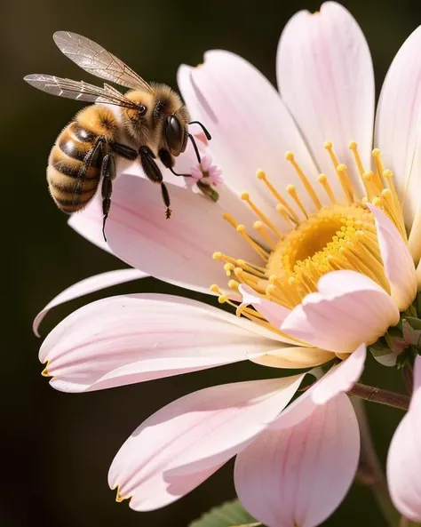 A macro photograph of a bee pollinating a flower, capturing the intricate details of the bee's body, the delicacy of the flower petals, and the vital role they play in nature.