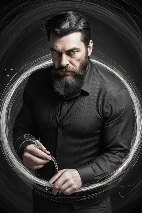 a man with a (slicked-back hair:1.3) wearing a black vest (and long sleeved white shirt:1.2), inside a wood hosue, (full:1.2) (long:0.5) (squarish:1.2) big (beard:1.2), devilish (confident looking down:1.2), (a shad0wmancer circle of swirling black ink magic filament thread:1.3) is around his body, 4k uhd, dslr, soft light, high quality, Fujifilm XT3 <