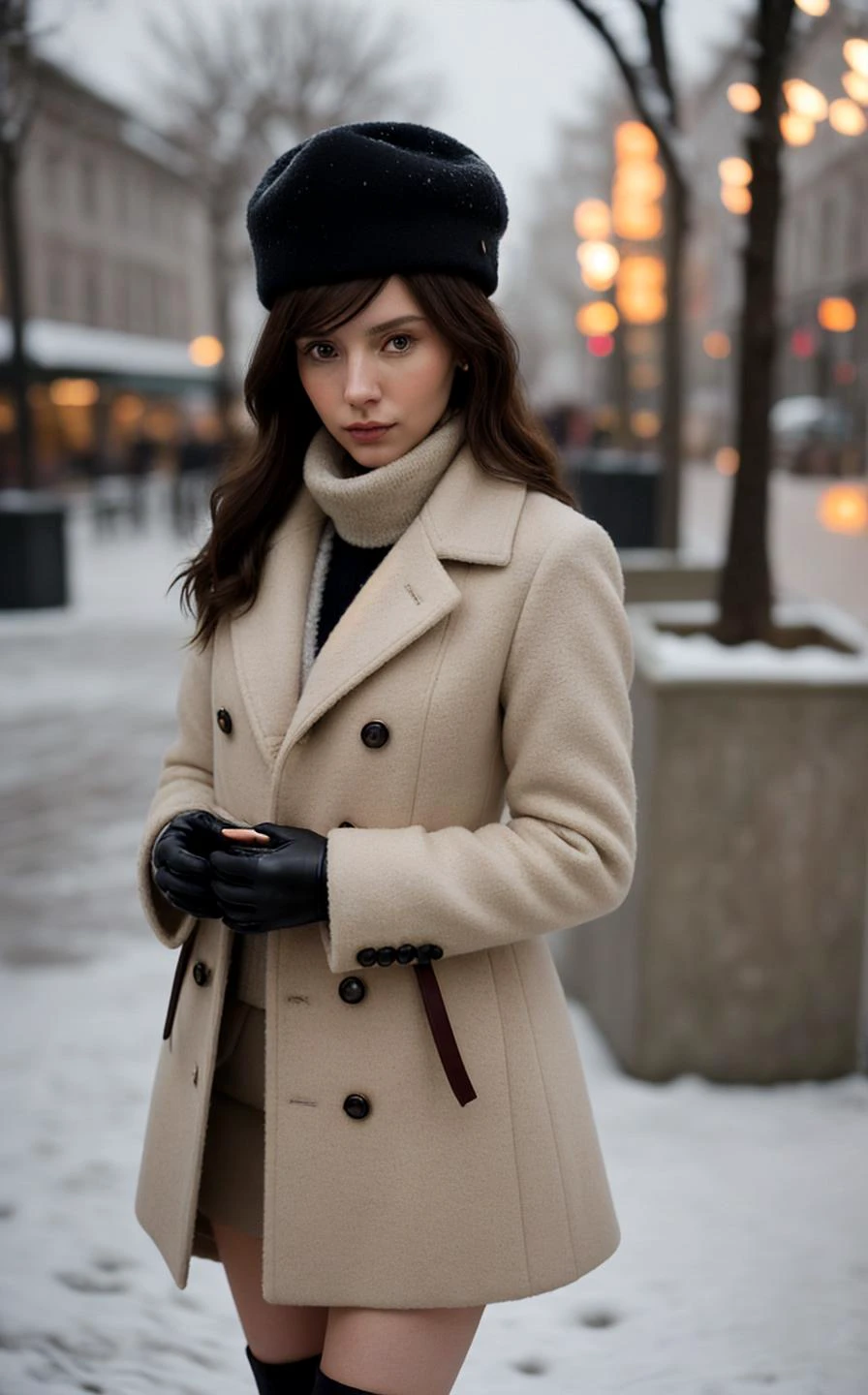 (style of [Ilya Kuvshinov:Alessio Albi:0.5]:1.5) (friendly endearing expression, cinematic establishing shot:1.2), (Layered Depth, Soft focus foreground:1.2),  [[[SkinDetail HairDetail]]] [winter:high-fashion:0.7] setting, a  adult woman striking an elegant pose amidst a snowy urban landscape, featuring a luxurious wool coat, tailored to perfection with a cinched waist and exaggerated lapels, rich burgundy color, texture visible, complemented by a cashmere scarf in a soft, contrasting hue, draped effortlessly around the neck, knee-high suede boots in a deep espresso, a touch of sophistication, delicate leather gloves adorning her hands, a subtle nod to classic elegance, softly curled hair tumbling over her shoulders, makeup natural with a hint of rosiness on cheeks and lips, capturing the essence of winter warmth and style, snowflakes gently falling around, creating a serene, almost magical atmosphere, soft golden hour light casting a warm glow, highlighting the intricate details of the coat, the backdrop a blend of historic architecture and modern elements, creating a juxtaposition of timelessness and contemporary fashion, her expression serene and confident, embodying the spirit of a modern, stylish winter.