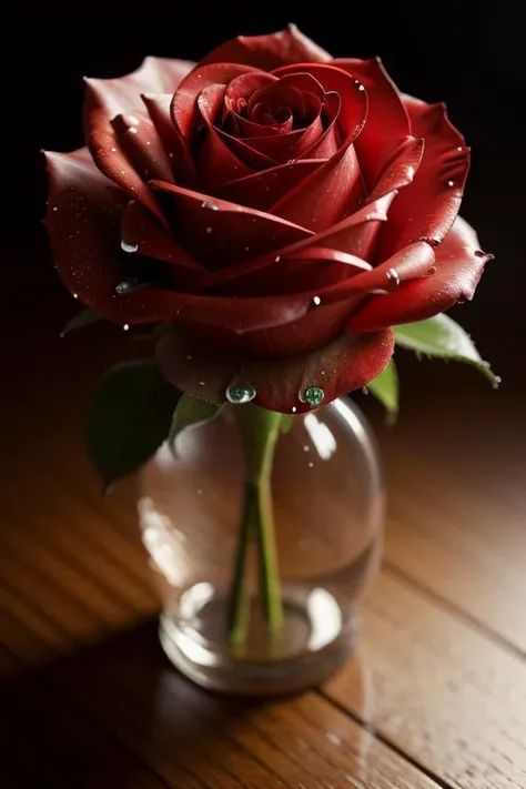 Masterpiece, art by Duy Huynh A breathtakingly detailed close up photograph of a red rose with water droplets, perfectly sharp focus, masterpiece oil painting , realistic, perfect quality , intricated details, detailed background, cinematic lights,