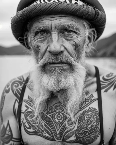 A captivating photograph of a wise and weathered old sailor, adorned with nautical tattoos and a rugged expression that tells tales of countless voyages.