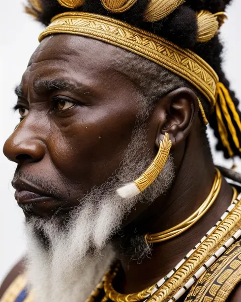 portrait photo of a african old warrior chief, tribal panther make up, gold on white, side profile, looking away, serious eyes, 50mm portrait photography, soft rim lighting photography