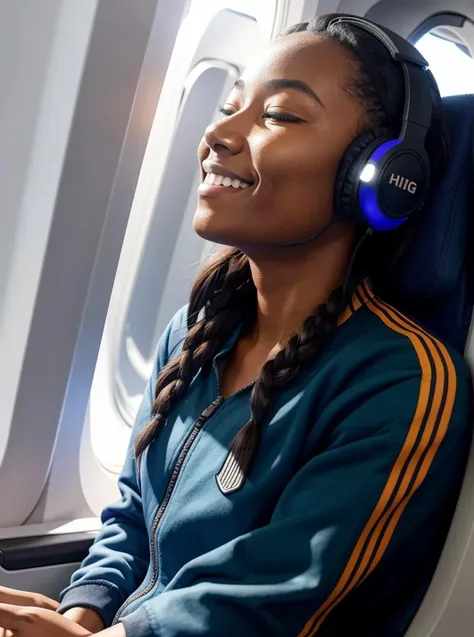 (best quality:1.1),original,1girl,headphones,(smile:0.8),eyes closed,shadows,tracksuit,glowing,on airplane,(dramatic lighting:1.1)