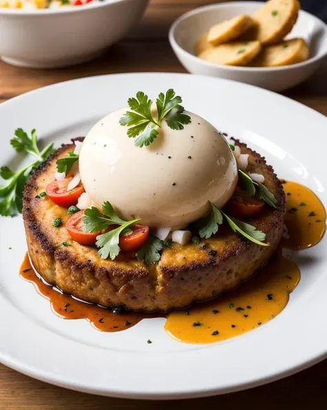 A close-up photograph of a chef's culinary masterpiece, capturing the intricate plating, vibrant ingredients, and mouthwatering textures of a gourmet dish.