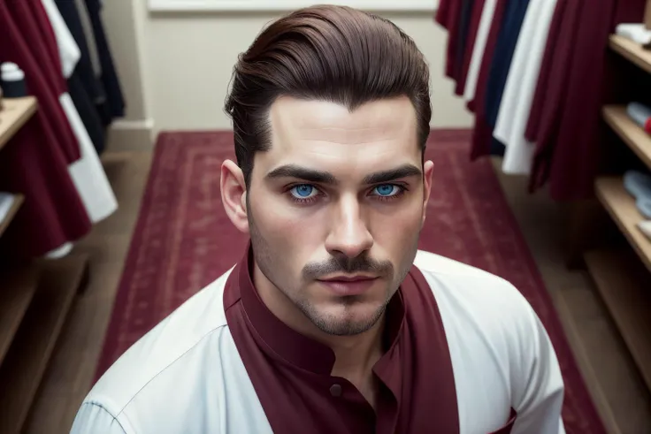 an awarded profesional photography of (1man:1.3) centaur with light blue eyes with male Curly Comb Over hair hairstyle and soul patch shaving in burgundy color, he wear chef outfit and sajkaca wavy mouth, holding a bag in fitting room ,(epic scene:1.3),ultradetialed character with perfect face,detailed skin,(ultrasharp:1.3),(masterpiece:1.1),best quality,(photorealistic:1.2),ultrarealistic,realistic ultradetailed character,4k perfect quality, <lyco:GoodHands-beta2:1> by by Henri Cartier-Bresson Spotlights camera angle from above and focus on face Magnificent,Imperceptible detail,Intricately designed, (perfect quality face:1.5) hyper-detailed complex, insanely detailed, detailed clothes, detailed skin, detailed body, , 1man, realistic lights, realistic shadows, profesional photo