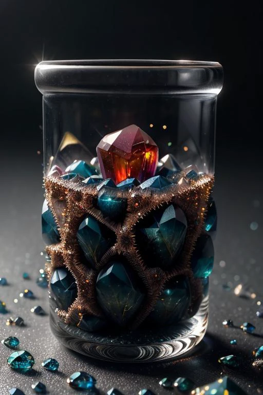 art by Duy Huynh a profesional photo of gem stone, focus on details and material Ruby, Crystals that form in druzy clusters, covering a surface with a blanket of sparkling beauty, inside (( Glass jar )) close up, macro photography on balck velwet background,8k, ultrasharp, ultradetailed, perfect quality, masterpiece, intricated details, ultra clear, <lora:add_detail:0.7>, <hypernet:sxzBloom_sxzBloom:0.3>, vivid colors wallpaper <lora:ral-3dwvz:0.55> ral-3dwvz no humans
