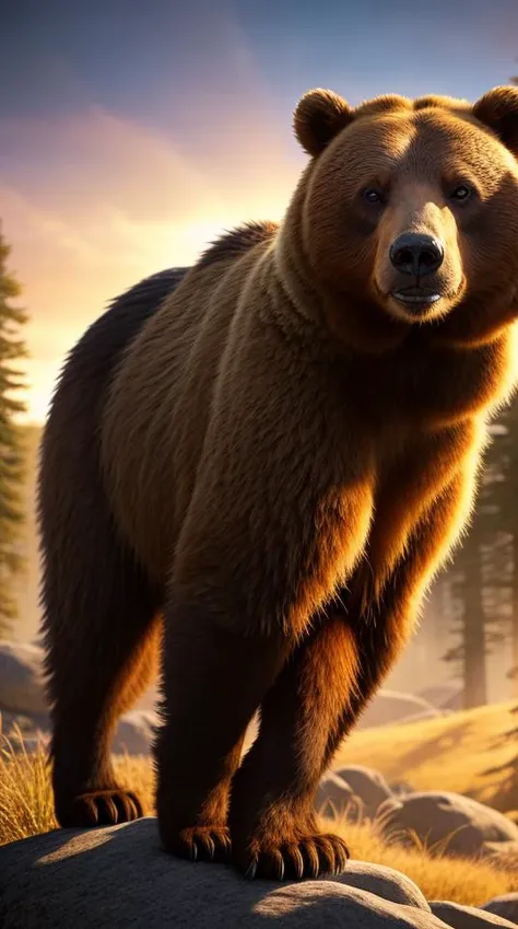 an concept art of alchemic element - European Brown Bear (Ursus arctos): A majestic mammal with a powerful build and thick, shaggy fur. The dense coat varies in color from light brown to dark black, providing perfect camouflage in the forested landscape. The broad head is adorned with small, rounded ears and sharp, keen eyes. The formidable frame is supported by strong, muscular legs and large, clawed paws, making it an imposing sight in its natural habitat. This scene, with its magical lighting and exquisite focus on intricate details, will leave viewers spellbound, transporting them to a world of enchantment and beauty, regardless of the object it embraces., in nature habitat, rim lights, digital art, focus on subject, duch angle, clsoe shot, closeup, masterpiece, ultrasharp, intricated details