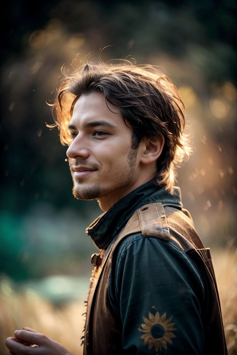 a profesional picture of 1man Jasper "Sunforged": Golden hair, kissed by the warmth of a thousand suns, flows around his face, radiating an inner light that melts away shadows and doubt. His eyes, the color of a summer sky, sparkle with unwavering optimism, a beacon of hope even in the darkest of times. His smile, genuine and infectious, could melt the frost from a winter's heart. He carries a weathered lute slung across his back, its wood worn smooth by countless stories sung and spirits lifted. Its melodies, imbued with the warmth of the sun and the joy of life, inspire courage in the faint of heart and remind even the weariest soul of the beauty that still exists in the world. BREAK, realistic, perfect quality, best quality, ultrasharp, ultradetailed, perfect quality, masterpiece, intricated details, <lora:add_detail:0.4>, punk, <hypernet:sxzBloom_sxzBloom:0.3>, <lora:splashes_v.1.1:0.5> Splash, splashes, splashing, explosion, exploding <lora:Smoke:0.3> smoke, smokkk, colorfull cyan, hotify, vivid colors