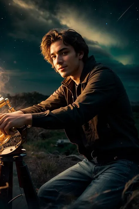 a profesional picture of 1man  Lucian "Stargazer": A young astronomer with eyes like distant galaxies and a mop of windblown brown hair. He spends his nights perched atop the highest tower, his telescope pointed towards the heavens, lost in the wonder of the cosmos. His gentle smile reflects his childlike curiosity, always seeking to unlock the secrets of the universe. His nights are filled with calculations and star charts, his days with lectures and debates, sharing his passion for the vast unknown with all who will listen. BREAK, realistic, perfect quality, best quality, ultrasharp, ultradetailed, perfect quality, masterpiece, intricated details, <lora:add_detail:0.4>, punk, <hypernet:sxzBloom_sxzBloom:0.3>,  <lora:splashes_v.1.1:0.5> Splash, splashes, splashing, explosion, exploding <lora:Smoke:0.3> smoke, smokkk, colorfull cyan, hotify, vivid colors
