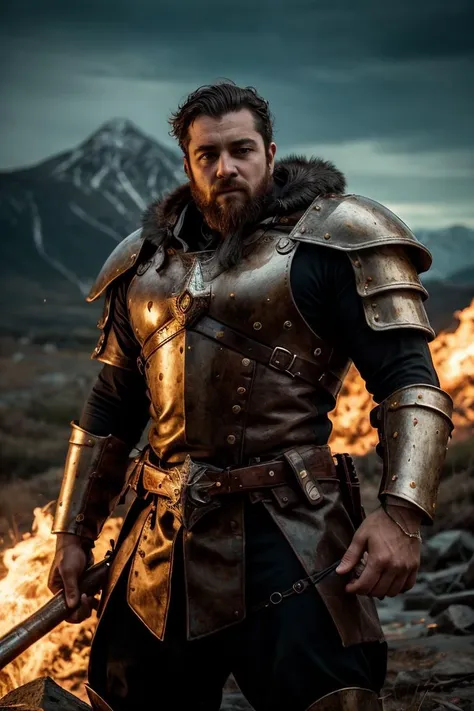 a profesional picture of 1man  Cormac "Ironclad": Standing like a living mountain, Cormac's broad shoulders are encased in polished mithril armor, each plate etched with glowing runes that hum with ancient power. Weather lines on his face, hardened by the bite of frost and the heat of battle, tell stories of countless victories and narrow escapes. His eyes, the color of molten steel, burn with quiet authority, and his voice, a deep rumble that carries the weight of mountains, commands respect even from the most unruly souls. In his hand, a warhammer the size of a man's torso rests easily, its head crafted from a meteorite, promising thunderous blows and earth-shattering impacts. BREAK, realistic, perfect quality, best quality, ultrasharp, ultradetailed, perfect quality, masterpiece, intricated details, <lora:add_detail:0.4>, punk, <hypernet:sxzBloom_sxzBloom:0.3>,  <lora:splashes_v.1.1:0.5> Splash, splashes, splashing, explosion, exploding <lora:Smoke:0.3> smoke, smokkk, colorfull cyan, hotify, vivid colors