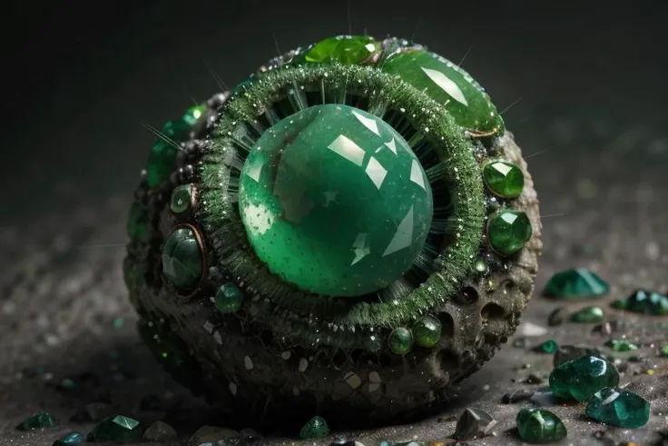 art by Ryohei Hase  a profesional photo of gem stone, focus on details and material  Green Aventurine: A translucent green gemstone with a shimmering appearance, resembling aventurine mineral.     close up, macro photography  on balck velwet background,8k, ultrasharp, ultradetailed, perfect quality, masterpiece, intricated details, ultra clear,  <lora:add_detail:0.7>, <hypernet:sxzBloom_sxzBloom:0.3>, vivid colors wallpaper   <lora:ral-mold:0.51> ral-mold  no humans