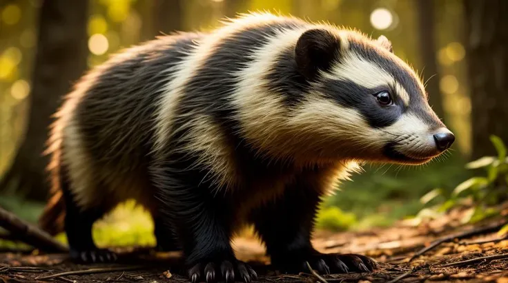 an concept art of alchemic element - European Badger (Meles meles): A stout and sociable mammal with a distinctive black and white striped face that sets it apart from its woodland counterparts. In this enchanting scene, the camera floats gracefully just inches away from the subject, immersing us in a world of intricate details and captivating magic. The soft glow of a mystical light source casts a mesmerizing aura, gently caressing every curve and edge, illuminating the scene with an ethereal radiance., in nature habitat, rim lights, digital art, focus on subject, duch angle, clsoe shot, closeup, masterpiece, ultrasharp, intricated details