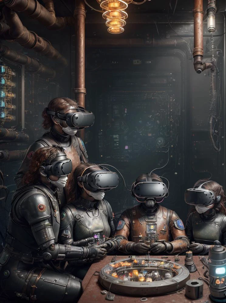 ((best quality)), ((masterpiece)), ((ultra realistic)), night time, (dark:1.3),( neon lighting:1.3), beautiful intricately detailed portfolio photograph of a of a family that are totally merged with machines, (wiring entering through the skin:1.3), (computing devices, vr masks, respirator tubes, augmented humanity, tube pipes and wires everywhere, sitting at the dinner table:1.7), dark dingy metallic, (unconscious people on life support, father, mother, daughter, son:1.4), robotic, cyborg, (rusted:1.3), darkness, professional, 8k, uhd, harsh edge lighting, depth of field, film grain, smooth, roughness, real life, , photographed on a Canon EOS R5, 50mm lens, F/2.8, HDR, professional, deep shadows,