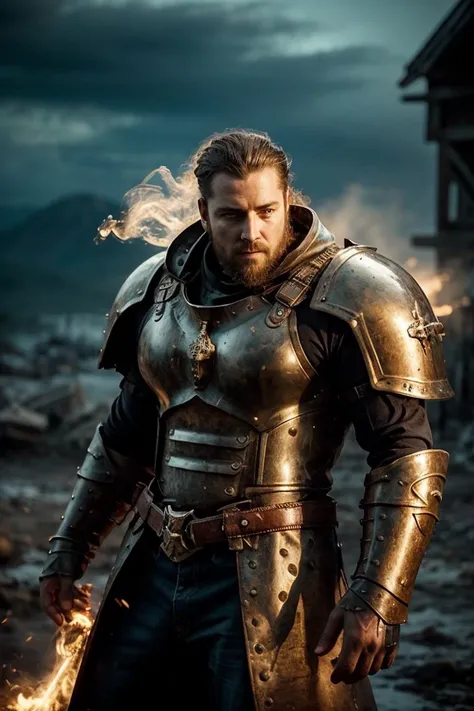 a profesional picture of 1man Cormac "Ironclad": Standing like a living mountain, Cormac's broad shoulders are encased in polished mithril armor, each plate etched with glowing runes that hum with ancient power. Weather lines on his face, hardened by the bite of frost and the heat of battle, tell stories of countless victories and narrow escapes. His eyes, the color of molten steel, burn with quiet authority, and his voice, a deep rumble that carries the weight of mountains, commands respect even from the most unruly souls. In his hand, a warhammer the size of a man's torso rests easily, its head crafted from a meteorite, promising thunderous blows and earth-shattering impacts. BREAK, realistic, perfect quality, best quality, ultrasharp, ultradetailed, perfect quality, masterpiece, intricated details, <lora:add_detail:0.4>, punk, <hypernet:sxzBloom_sxzBloom:0.3>, <lora:splashes_v.1.1:0.5> Splash, splashes, splashing, explosion, exploding <lora:Smoke:0.3> smoke, smokkk, colorfull cyan, hotify, vivid colors
