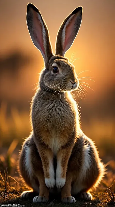 an concept art of alchemic element - European Brown Hare (Lepus europaeus): A medium-sized mammal with long ears and long hind legs, enabling it to reach impressive speeds when evading predators. The fur varies in color from brown to gray, with a white underside for effective camouflage in open fields. The subject stands proudly as the center of attention, bathed in the tender glow. The light plays with shadows, creating a dance of artistry on its surface, emphasizing even the tiniest nuances that make it unique. A halo of brilliance surrounds the subject, enhancing its elegance and evoking a sense of wonder and mystery., in nature habitat, rim lights, digital art, focus on subject, duch angle, clsoe shot, closeup, masterpiece, ultrasharp, intricated details