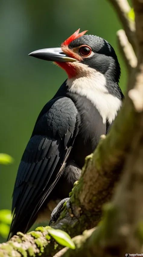 an concept art of alchemic element - European Black Woodpecker (Dryocopus martius): A large woodpecker with black plumage and a bright red crest on the head. The powerful bill and chisel-like tongue allow it to excavate nesting cavities in trees with ease. This scene, with its magical lighting and exquisite focus on intricate details, will leave viewers spellbound, transporting them to a world of enchantment and beauty, regardless of the object it embraces., in nature habitat, rim lights, digital art, focus on subject, duch angle, clsoe shot, closeup, masterpiece, ultrasharp, intricated details