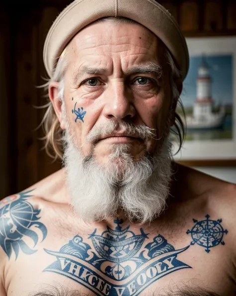 A captivating portrait of a wise and weathered old sailor, adorned with nautical tattoos and a rugged expression that tells tales of countless voyages.