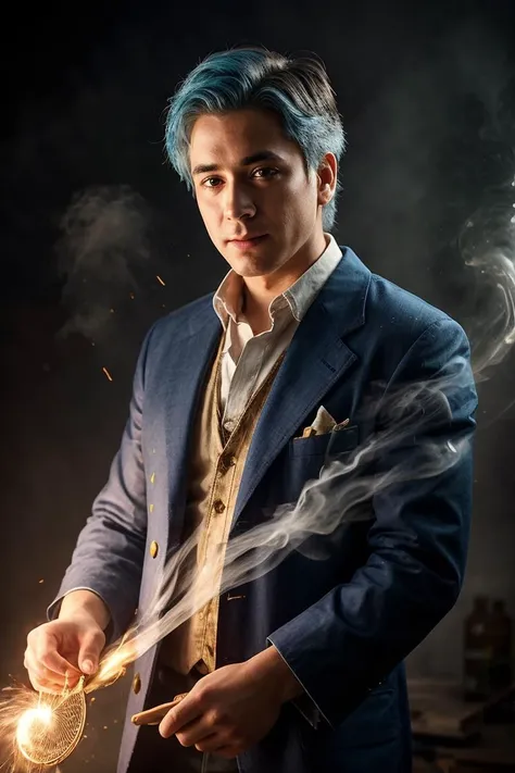 a profesional picture of 1man Dr. Alistair "Cogsworth": A genius inventor with mismatched eyes (one sapphire blue, the other a whirring mechanical contraption) and an unruly shock of white hair. His lab coat, permanently stained with strange concoctions, hides countless gadgets and tools. His mind races with clockwork precision, constantly tinkering and innovating. A gentle soul despite his eccentric appearance, he seeks to improve the world with his inventions, often with humorous (and sometimes explosive) results. BREAK, realistic, perfect quality, best quality, ultrasharp, ultradetailed, perfect quality, masterpiece, intricated details, <lora:add_detail:0.4>, punk, <hypernet:sxzBloom_sxzBloom:0.3>, <lora:splashes_v.1.1:0.5> Splash, splashes, splashing, explosion, exploding <lora:Smoke:0.3> smoke, smokkk, colorfull cyan, hotify, vivid colors