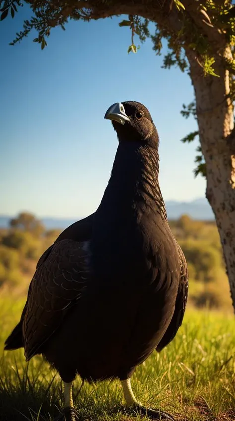 an concept art of alchemic element - European Black Grouse (Tetrao tetrix): A magnificent bird with a striking appearance, the male showcases glossy black feathers and a distinctive lyre-shaped tail. The bright red wattles above the eyes and bright yellow air sacs enhance its courtship displays. As the magical light cascades over the scene, it accentuates the scene's enchantment, instilling a sense of awe and delight. Every detail sparkles with a touch of the extraordinary, while the background fades into an alluring blur, focusing our gaze solely on the captivating subject., in nature habitat, rim lights, digital art, focus on subject, duch angle, clsoe shot, closeup, masterpiece, ultrasharp, intricated details