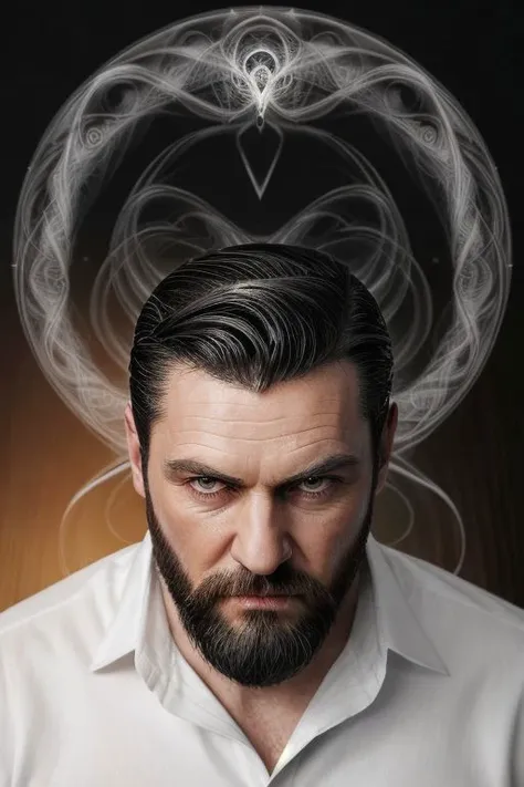 a man with a (slicked-back hair:1.3) wearing a black vest (and long sleeved white shirt:1.2), inside a wood hosue, (full:1.2) (long:0.5) (squarish:1.2) big (beard:1.2), devilish (confident looking down:1.2), (a shad0wmancer circle of swirling black ink magic filament thread:1.3) is around his body, 4k uhd, dslr, soft light, high quality, Fujifilm XT3 <