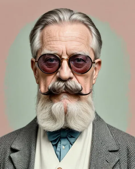 hyper detailed photograph of a cool chilled confident elderly Victorian 1gentleman with an extravagant large straight symmetrical 1moustache,  wearing round 1sunglasses,  peacock feather in hat,  muted pastel colour scheme,  studio lighting,  plain background