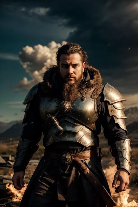 a profesional picture of 1man  Cormac "Ironclad": Standing like a living mountain, Cormac's broad shoulders are encased in polished mithril armor, each plate etched with glowing runes that hum with ancient power. Weather lines on his face, hardened by the bite of frost and the heat of battle, tell stories of countless victories and narrow escapes. His eyes, the color of molten steel, burn with quiet authority, and his voice, a deep rumble that carries the weight of mountains, commands respect even from the most unruly souls. In his hand, a warhammer the size of a man's torso rests easily, its head crafted from a meteorite, promising thunderous blows and earth-shattering impacts. BREAK, realistic, perfect quality, best quality, ultrasharp, ultradetailed, perfect quality, masterpiece, intricated details, <lora:add_detail:0.4>, punk, <hypernet:sxzBloom_sxzBloom:0.3>,  <lora:splashes_v.1.1:0.5> Splash, splashes, splashing, explosion, exploding <lora:Smoke:0.3> smoke, smokkk, colorfull cyan, hotify, vivid colors